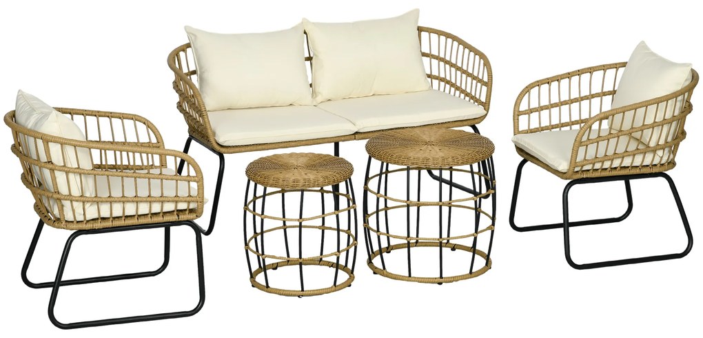 Outsunny Set de mobilier de grădină din răchită, Set de lounge pentru exterior, Stil Boho, Set de 5 piese, 145 x 70 x 78 cm, Crem + Natur + Negru | Aosom Romania