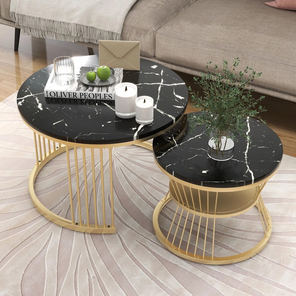 Set de 2 Măsuțe de Cafea Moderne, cu Blat cu Efect de Marmură și Cadru Metalic Auriu, Dimensiuni 70x70x47 cm și 45x45x40 cm, Negru