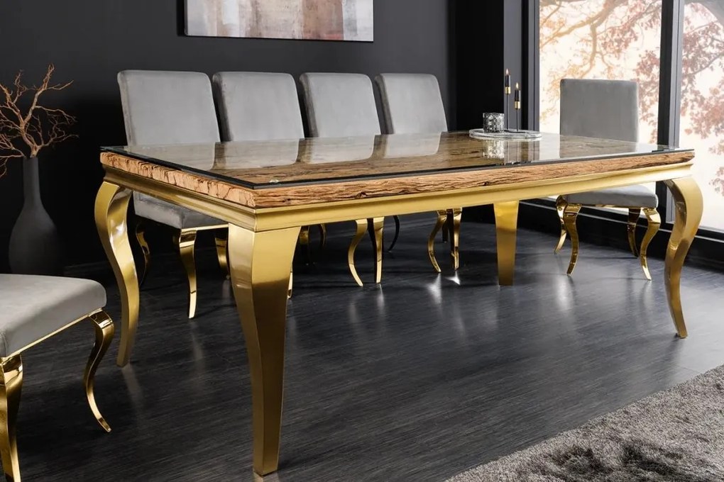 Masa dining, Lemn de Tec, Sticla, Otel Auriu, MODERN BAROCK BARRACUDA 200cm