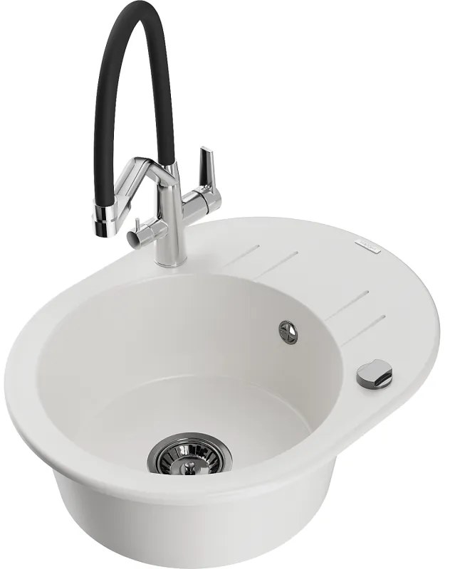 Mexen Kevin chiuvetă de granit cu 1 compartiment și baterie de bucătărie Duo, alb - 6517-20-671701-07-B