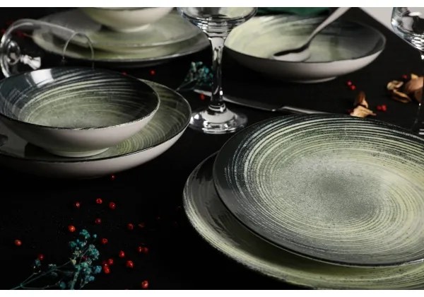 Set veselă 24 de piese verde/negru/porțelan