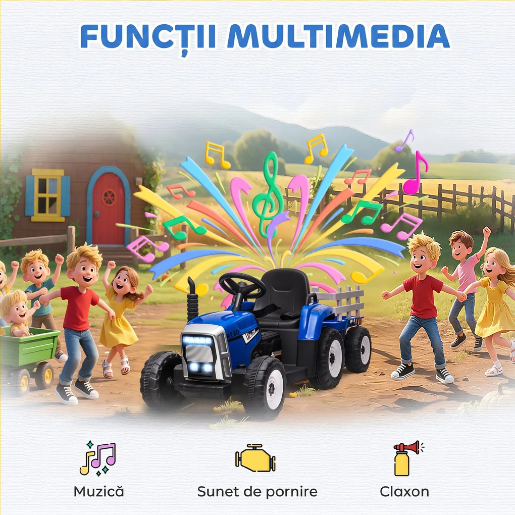HOMCOM Tractor Electric pentru Copii cu Remorcă Detașabilă, Telecomandă, Port USB, Muzică și Lumini, 3-6 Ani, Albastru | Aosom Romania