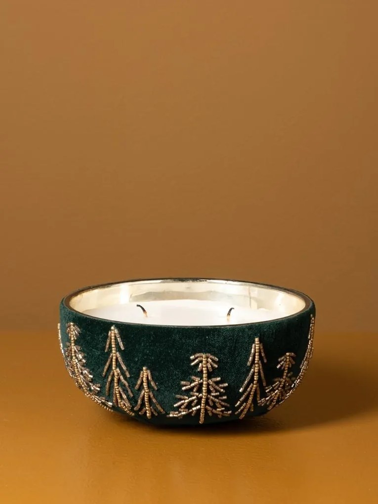 Lumânare decorativă din sticlă și catifea verde închis, brodată cu brazi aurii din mărgele, finisaj catifelat, 7 x 15 cm, „Sapinière”