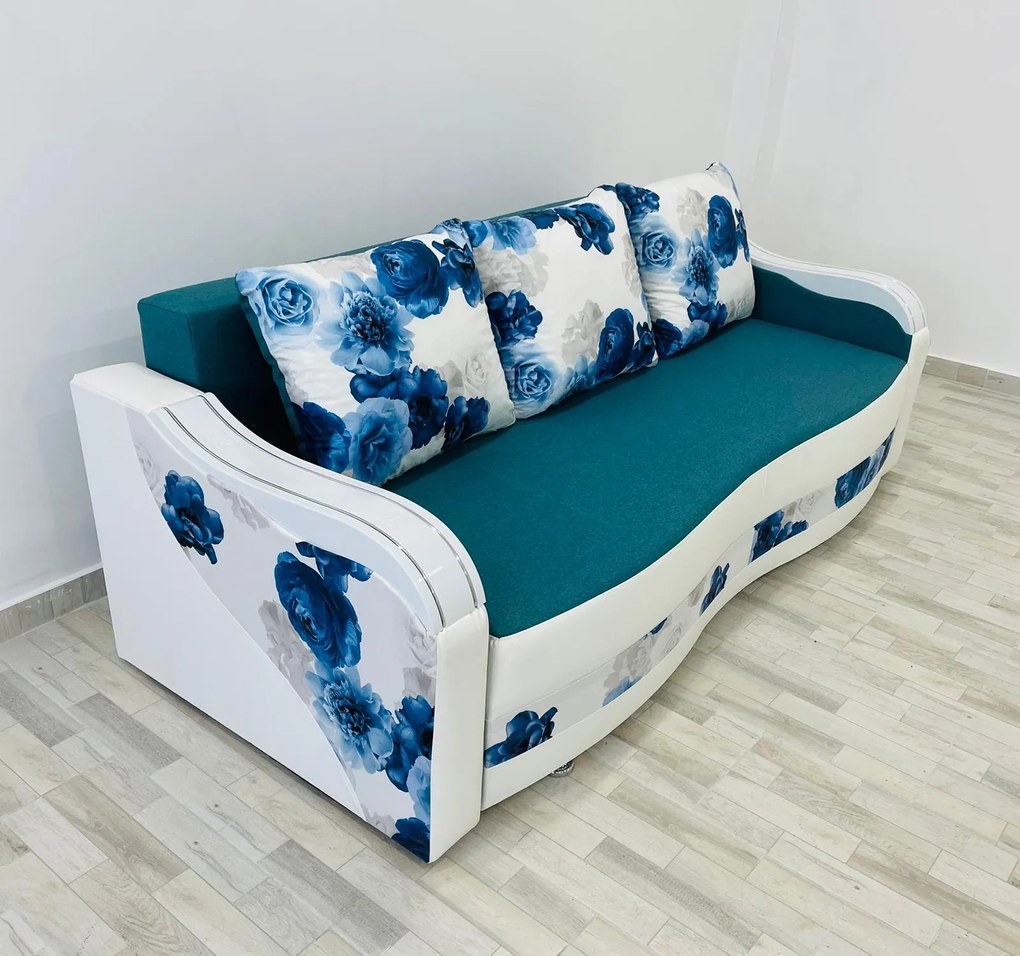 Canapea Andreea 2, culoare turcoaz / alb, 220 x 90 cm