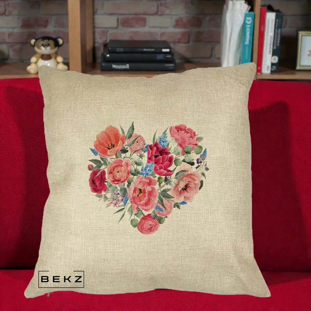 Perna Decorativa Inima din Bujori Acuarela, 40x40 cm, Crem, Husa Detasabila, Perna Inclusa, BEKZ®