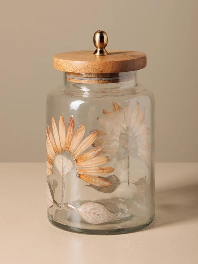Borcan din sticla, cu capac din lemn de mango, design petale presate, H17cm, Aster