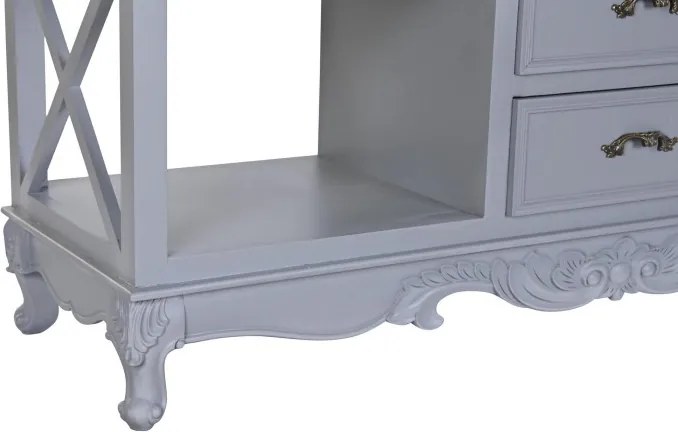 Comodă din lemn de paulownia, gri, cu 4 sertare, rafturi deschise și decor sculptat, finisaj mat, 84,5 x 132 x 40 cm, „Auria”