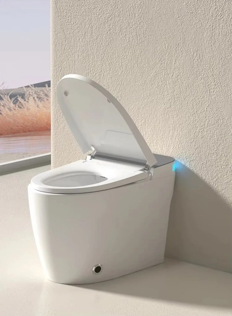Smart WC R02 – Vas de Toaletă Inteligent cu rezervor integrat, deschidere automată, spălare cu apă caldă, uscare, senzor de picior, capac cu încălzire, afișaj LED, evacuare P-Trap, Alb/Gri