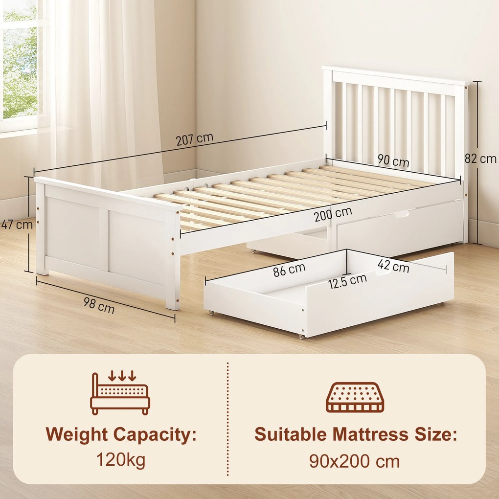 HOMCOM Cadru pat single, cadru din lemn, sertare pe roți, nu necesită somieră, 90 x 200 cm, Alb | Aosom Romania