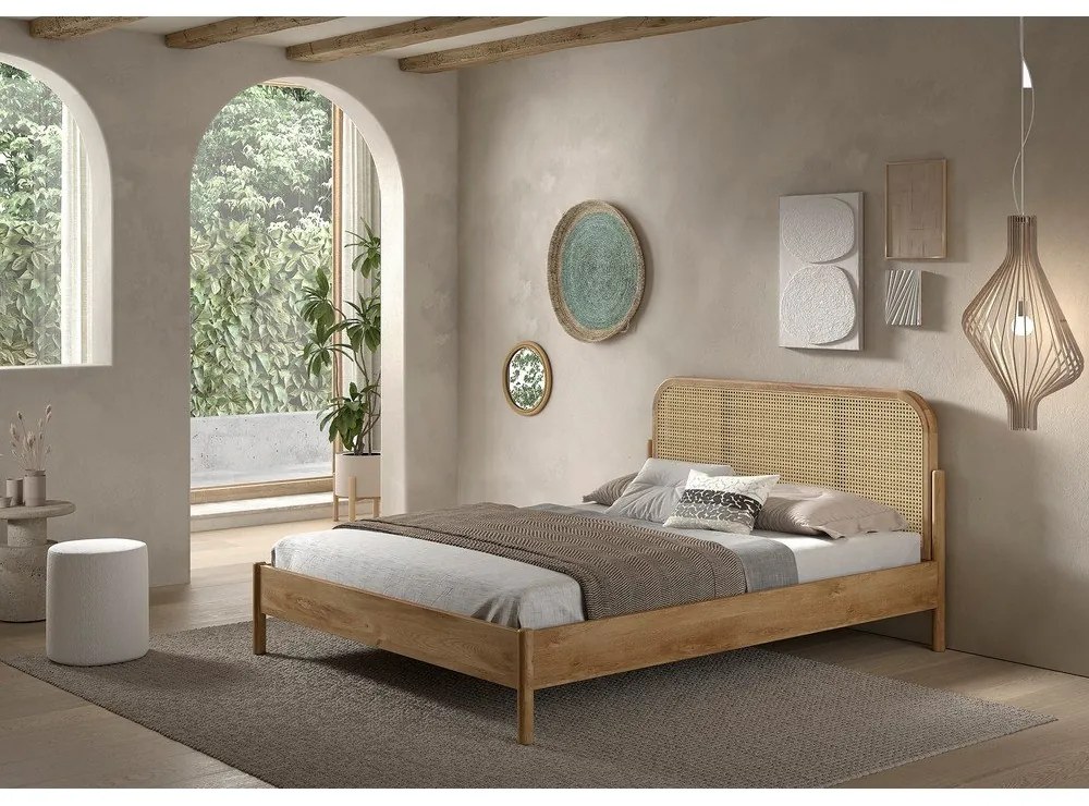 Pat matrimonial în culoare naturală din lemn de stejar fără somieră 160x200 cm Olive Rotan – Vipack