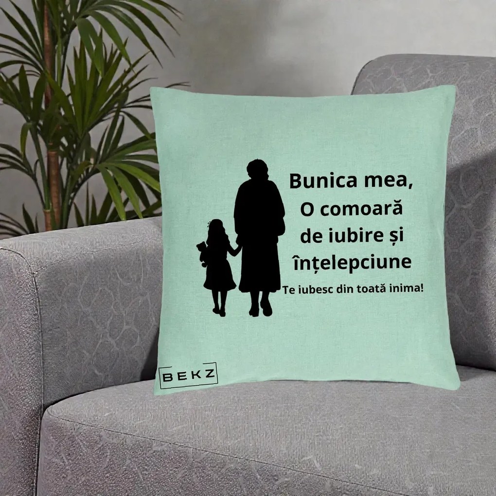 Cadou pentru Bunica - Perna Personalizata Bunica Mea Comoara Iubire Intelepciune Silueta, 40x40 cm, Verde Menta, Husa Detasabila, Perna Inclusa, BEKZ®