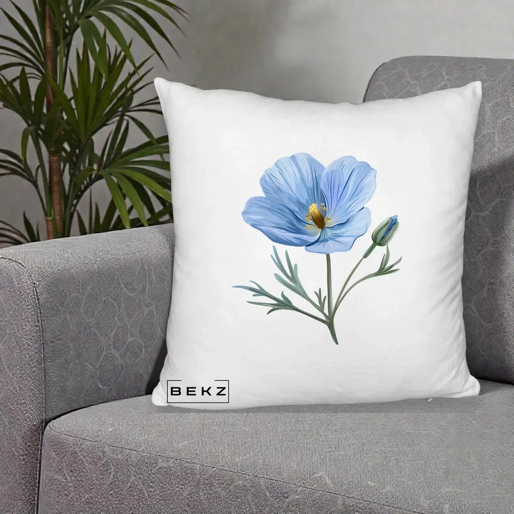 Perna Decorativa Mac Albastru Acuarela, 40x40 cm, Alb Pufos, Husa Detasabila, Perna Inclusa, BEKZ®