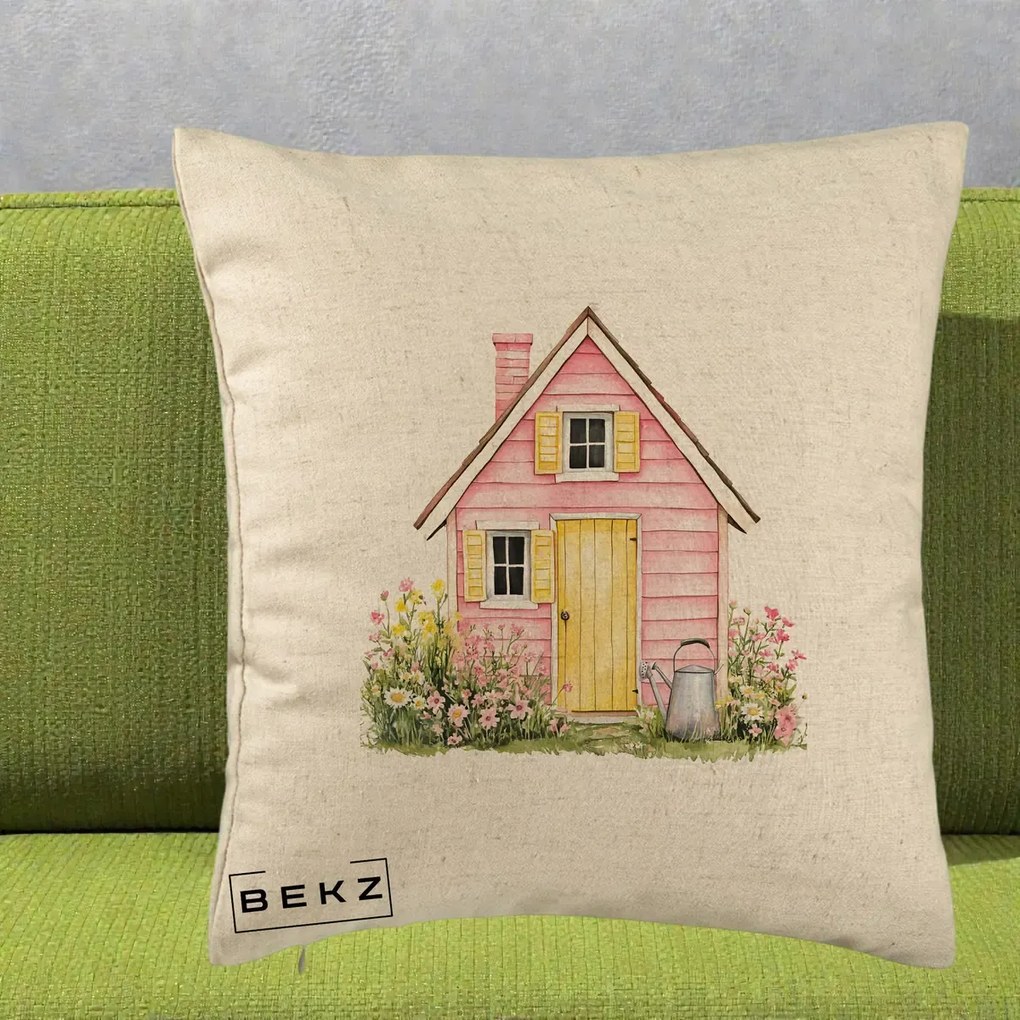 Perna Decorativa Casuta Roz Acuarela cu Gradina, 40x40 cm, Bej, Husa Detasabila, Perna Inclusa, BEKZ®