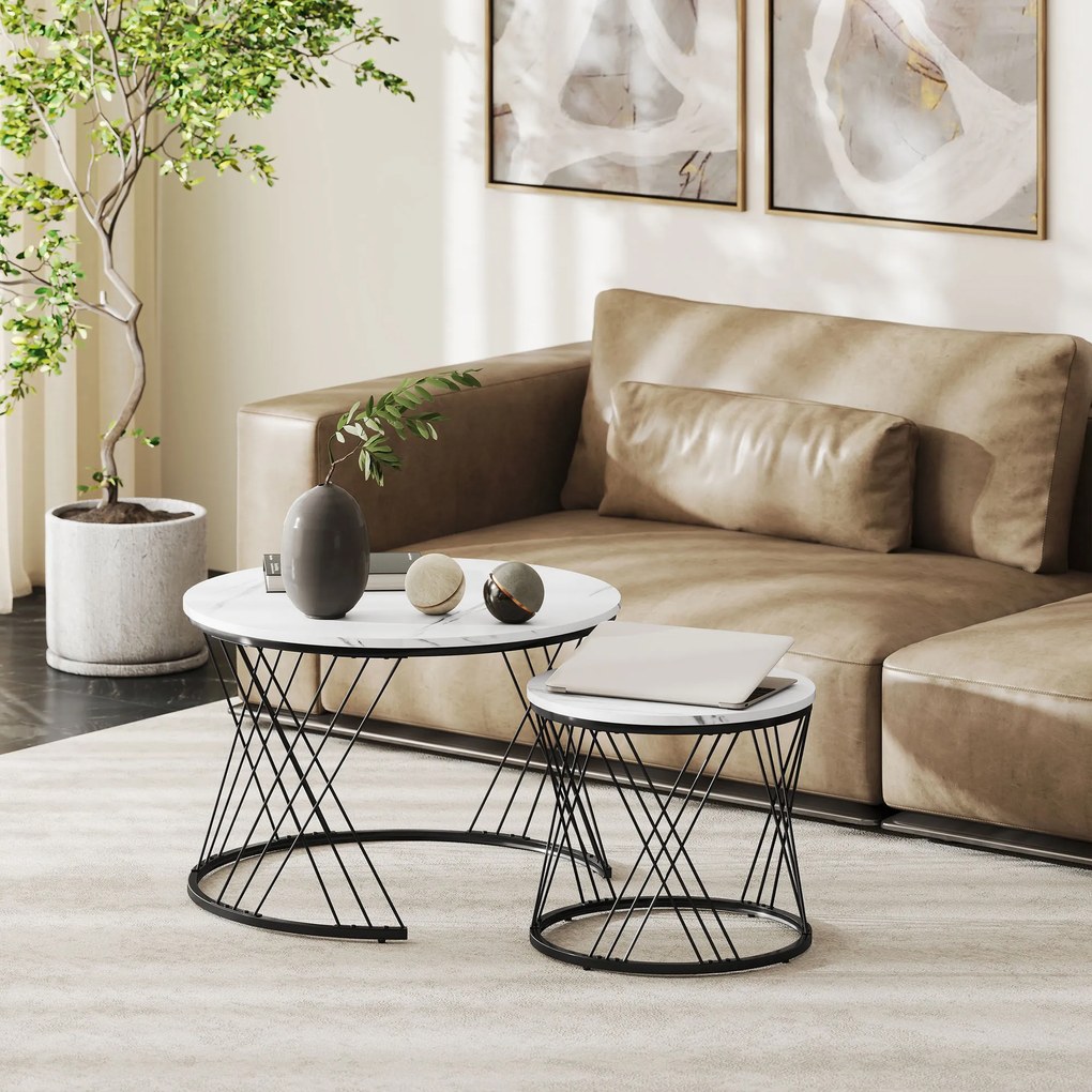 HOMCOM Mese de cafea în set de 2 bucăți, aspect marmură, plăci de particule, metal, mese de cafea rotunde pentru living, plasabile unul în altul, Alb | Aosom Romania