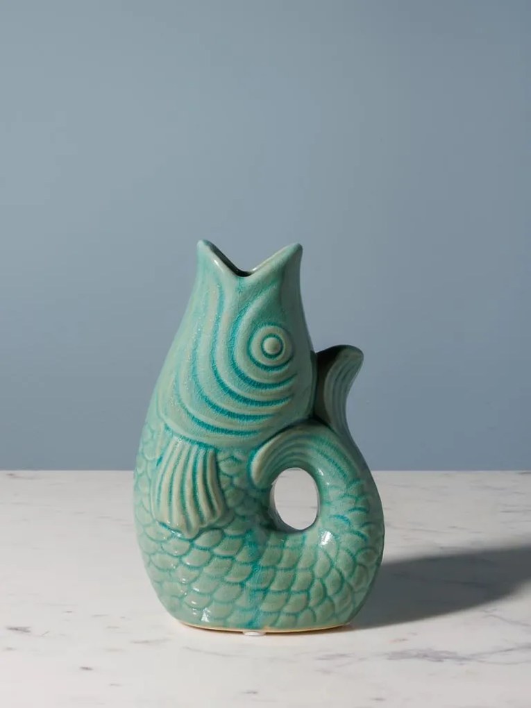 Vaza verde, din ceramica, forma de peste, H20cm Stone