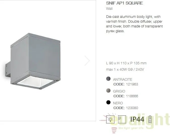 Aplica de perete exterior SNIF AP1 SQUARE NERO 123080