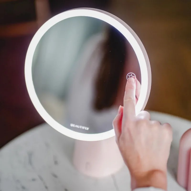 Smart Moon LED oglindă cosmetică iluminată, mărire 10x, lumină caldă / neutră / rece, luminozitate reglabilă, difuzor Bluetooth, roz
