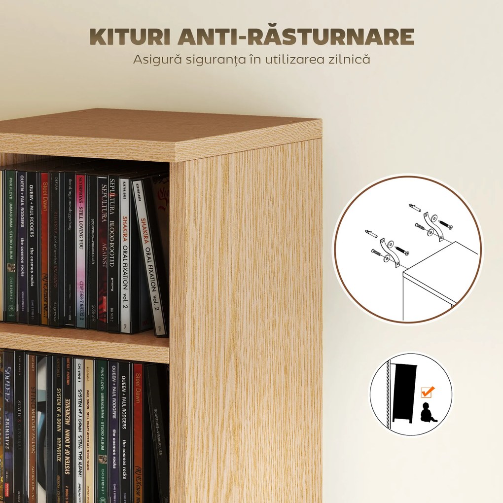 HOMCOM Set de 2 Mobili Suport CD cu Polițe Reglabile, Raft pentru 204 CD-uri Compact, Mobilier cu 12 Compartimente, pentru Living, Dormitor, Birou, 21x22,5x88,5cm, Culoare Lemn | Aosom Romania