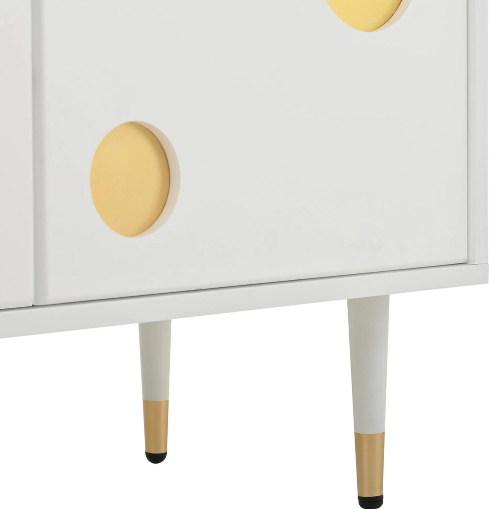 Comodă TV cu front din plasă metalică și accente aurii, 4 uși, 170x36x54 cm, Alb