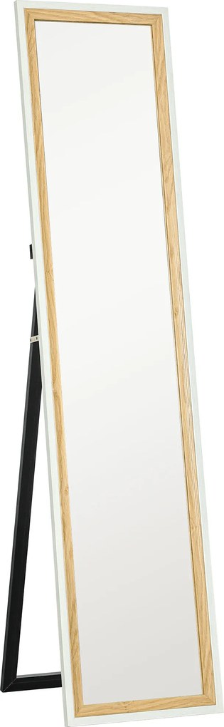 HOMCOM Oglindă de podea lungime întreagă oglindă pe suport cu ramă cu efect lemn, montare pe sol, suspendată, sprijinită, 157 x 37 cm alb | Aosom Romania