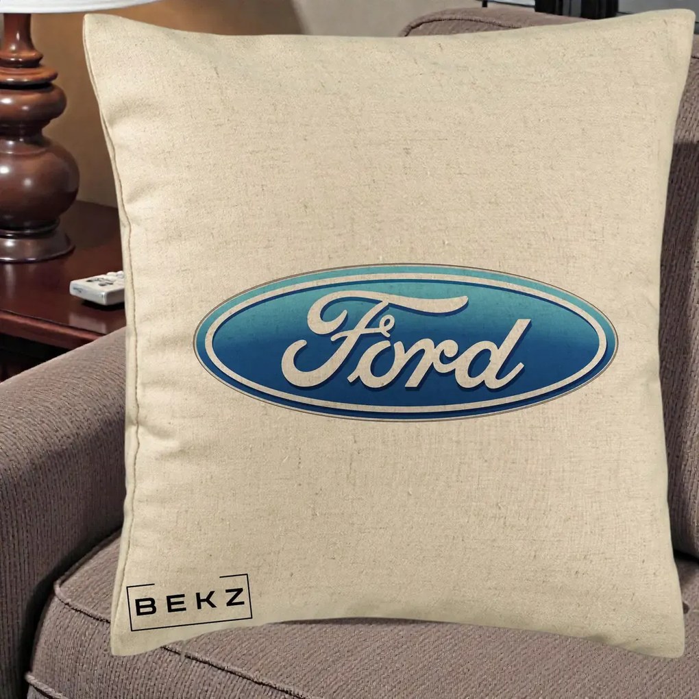 Perna Personalizata cu emblema Ford, 40x40 cm, Bej, Husa Detasabila, Perna Inclusa, BEKZ®