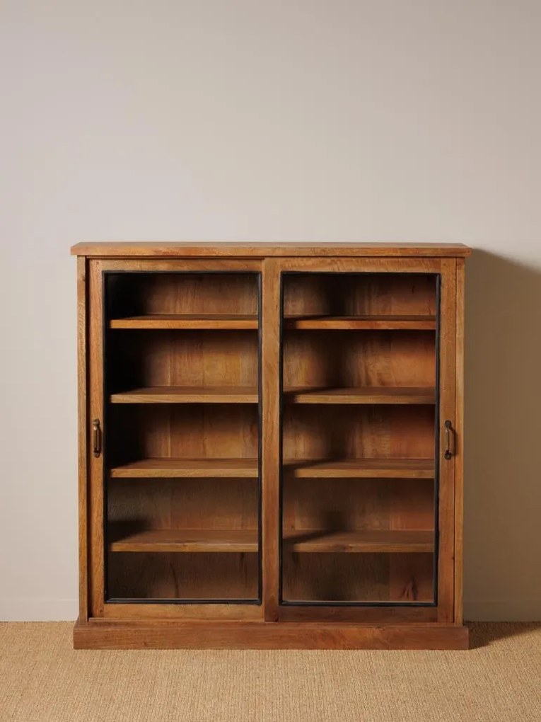Vitrina din lemn reciclat si sticla, cu 2 usi glisante,aspect rustic, Emile