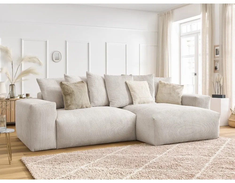 Colțar crem extensibil/cu spațiu de depozitare cu tapițerie din catifea reiată Voltaire – Bobochic Paris