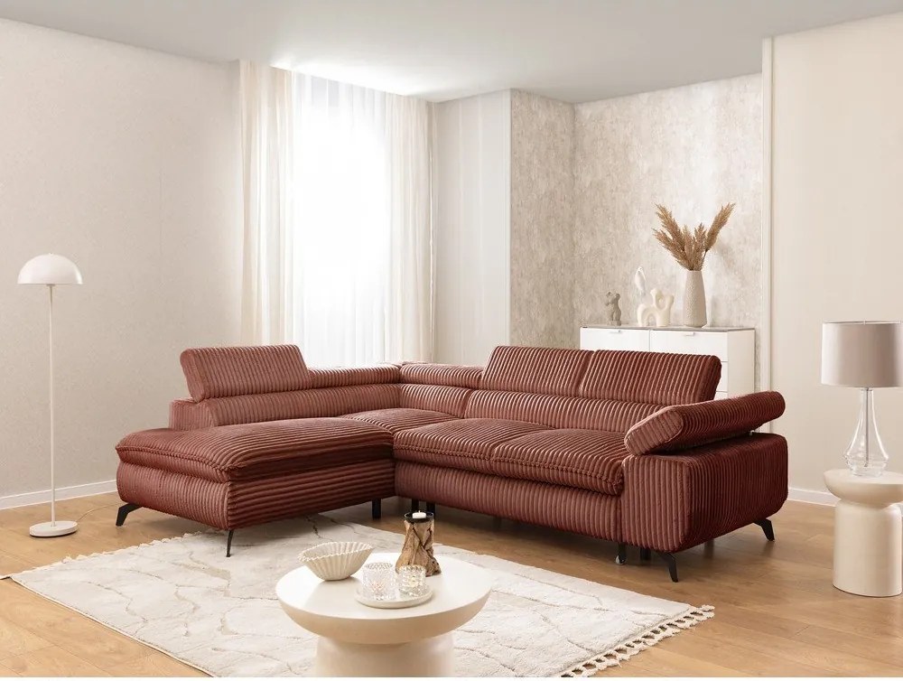 Colțar teracotă cu tapițerie din catifea reiată (cu colț pe partea stângă/în formă de ”L”) Marbeya – Ropez