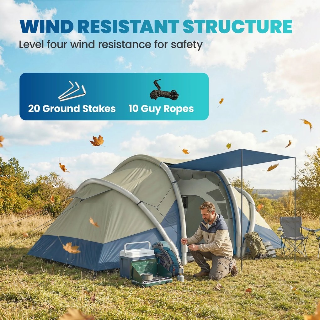 Outsunny Cort gonflabil 4 persoane Montare rapidă Camping exterior cu 2 dormitoare, ferestre din plasă, pridvor | Aosom Romania