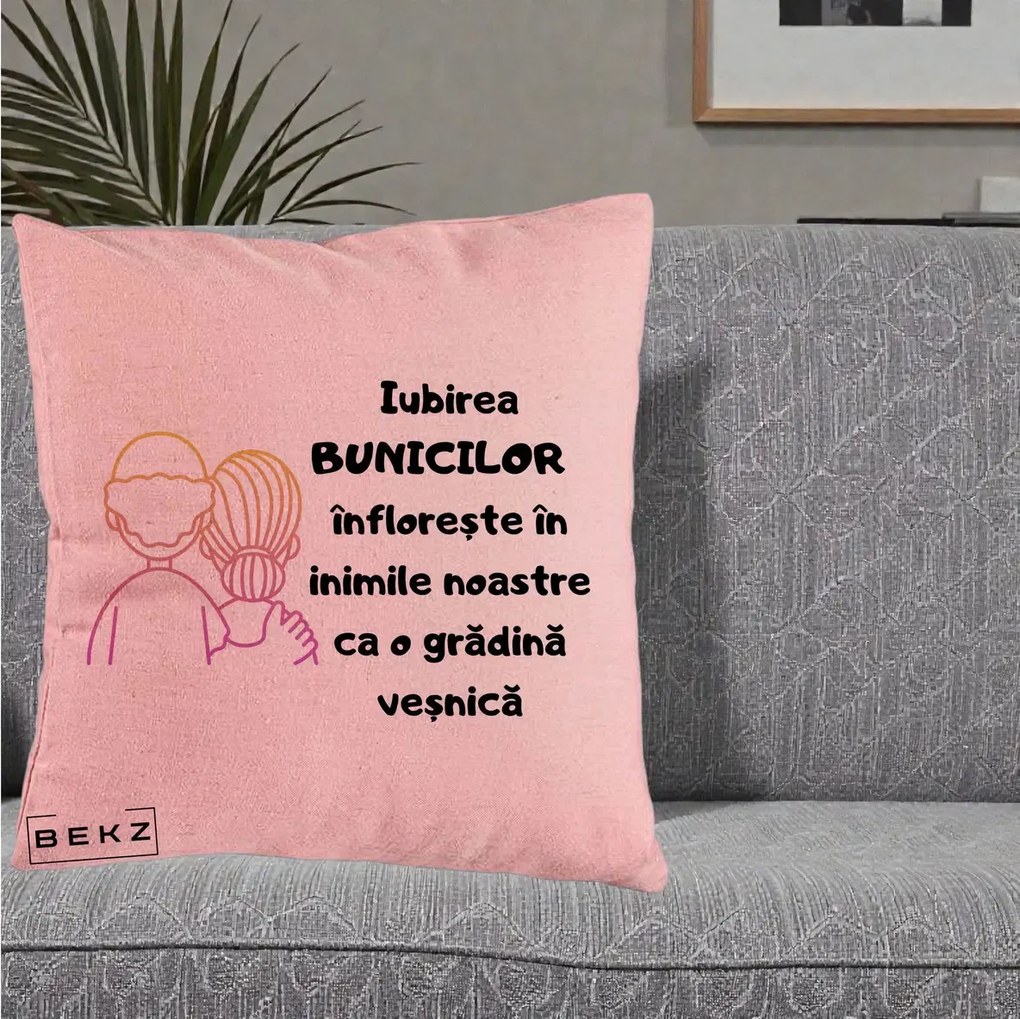 Cadou pentru Bunici - Perna Personalizata Iubirea Bunicilor Infloreste Cuplu Line Art Gradient, 40x40 cm, Roz, Husa Detasabila, Perna Inclusa, BEKZ®
