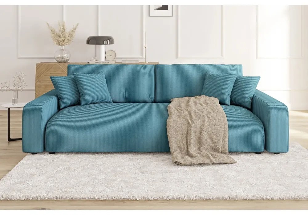 Canapea turcoaz extensibilă, cu spațiu de depozitare, cu tapițerie din catifea reiată 234 cm Sara – Ropez