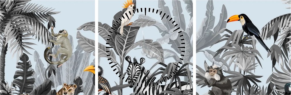 Tablou - Animale în pădurea tropicală (cu ceas) (90x30 cm)