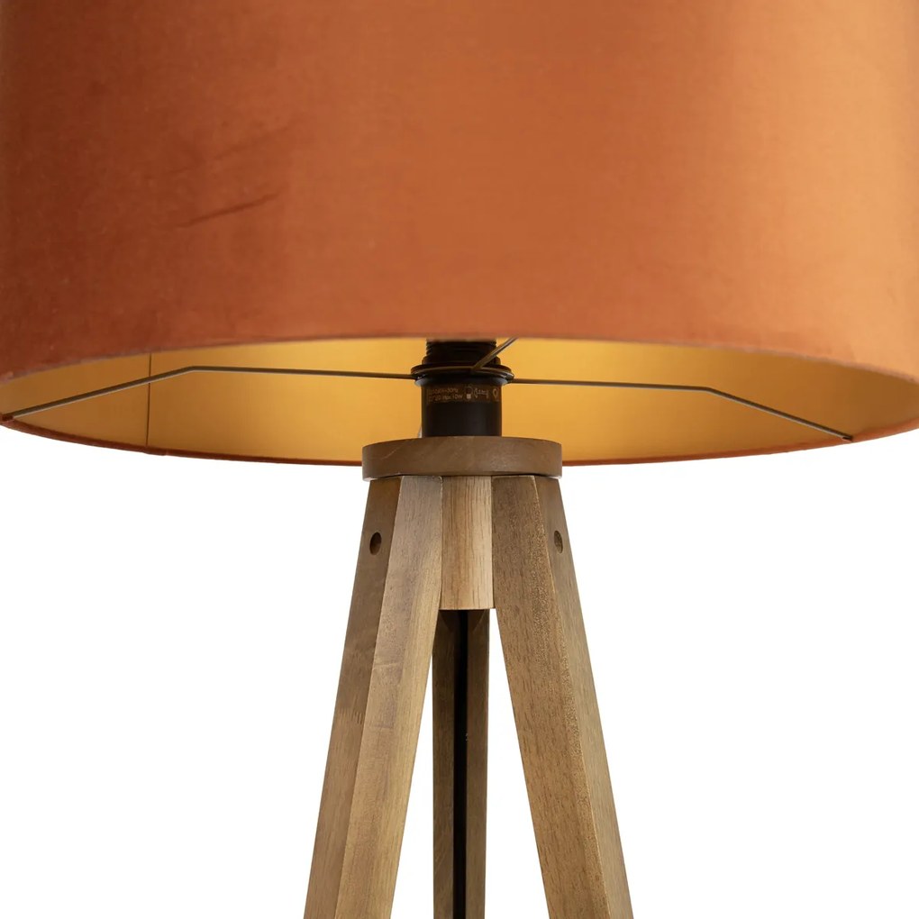 Lampă de podea din lemn cu abajur portocaliu și interior auriu 50cm - Tripod Classic