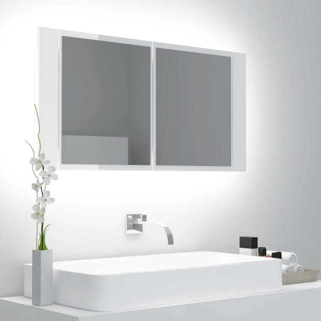 Dulap de baie cu oglindă și led, alb extralucios, 90x12x45 cm