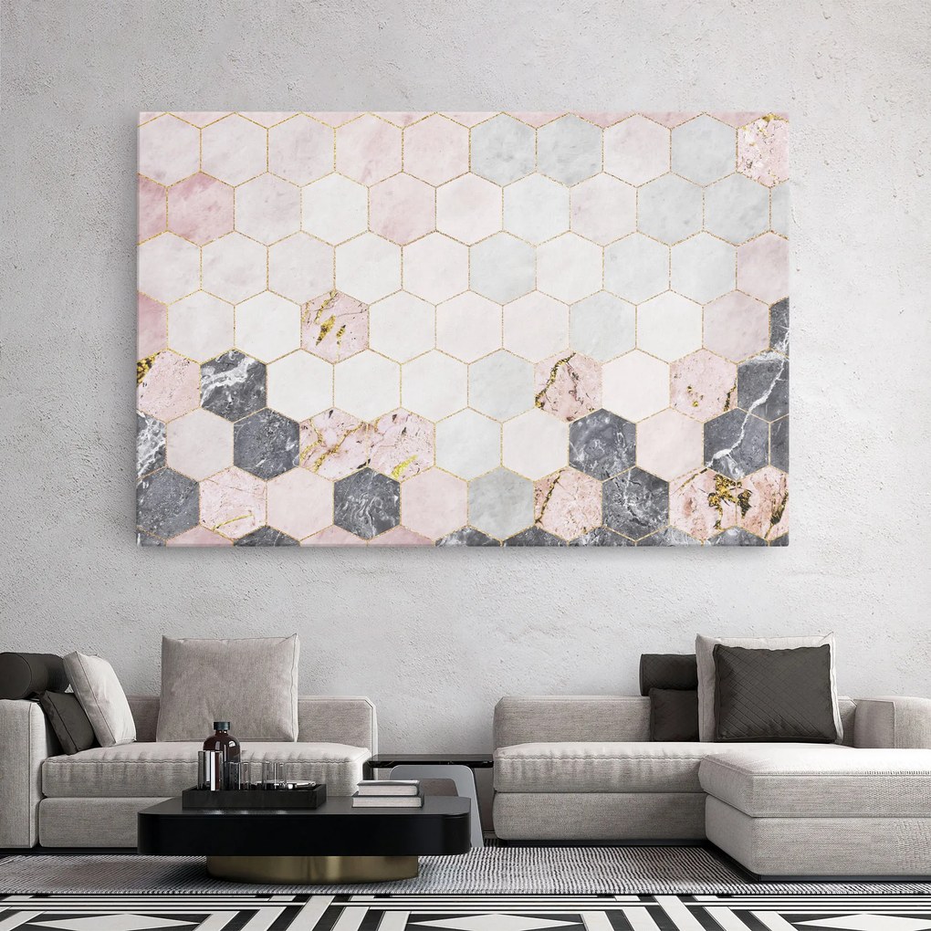 Tablou Canvas, 40x60cm, Dormitor si Living, Abstracte, Geometrice, Grey Pink Hexagon