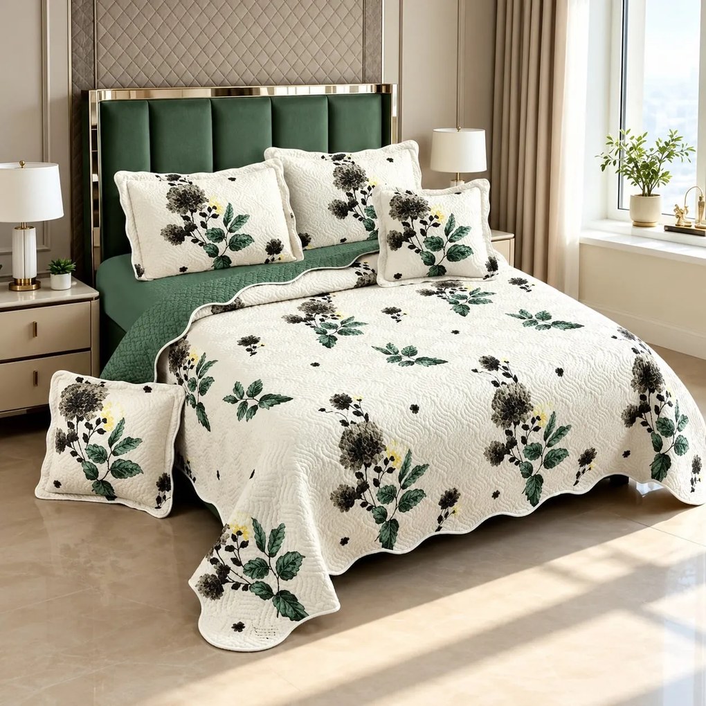 Cuvertură de pat bumbac, 5 piese, model floral crem cu verde, 230x250 cm, CB547
