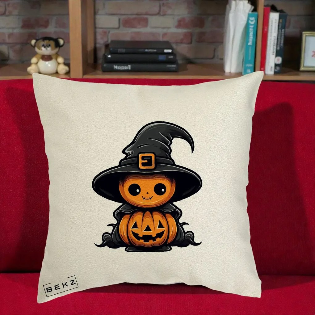 Perna Decorativa Halloween Dovleac Vrajitor Kawaii, 40x40 cm, Ecru, Husa Detasabila, Perna Inclusa, BEKZ®