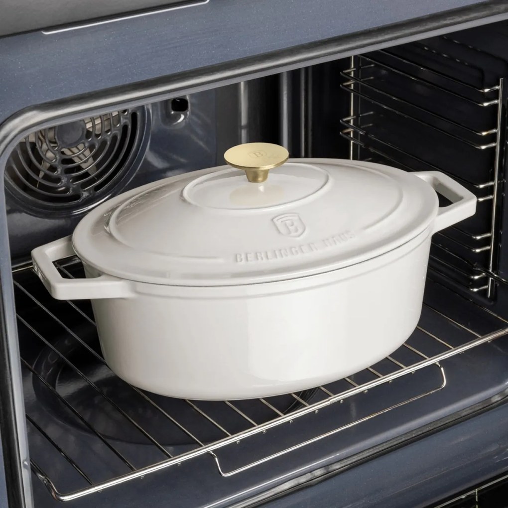 Oală din fontă emailată ovală cu capac 30 cm, 4.65L – Berlinger Haus Sahara Collection BH 6540, crem, pentru cuptor și coacere lentă