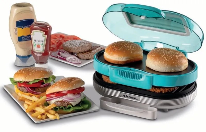 Aparat preparare burgeri Ariete Party Time 0205/01, 1200W, 2 compartimente, Placi neaderente, Tava detasabila, Turcoaz