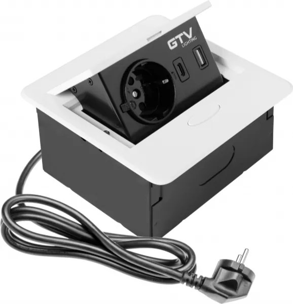 Priză încorporabilă în blat Avaro GTV, 1 priză Schuko, USB A + C, alb Aluminiu/ plastic, Alb, L:135 mm; l:135 mm