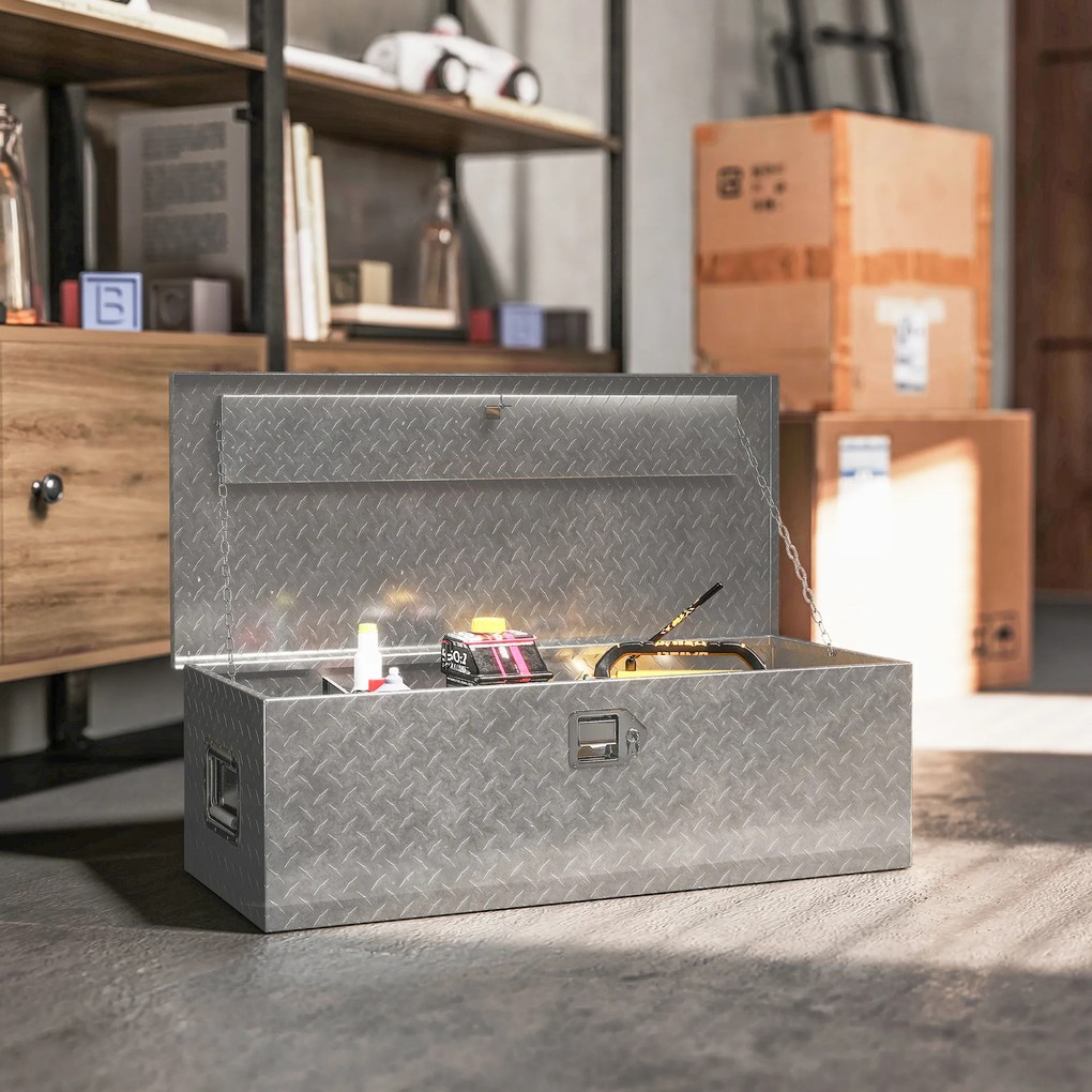 HOMCOM Cutie de Scule din Aluminiu cu Lacăt și 2 Chei, Mânere Laterale, Cutie de Depozitare 43L Rezistentă, Ideală pentru Camioane, Autorulote, Remorci, 76.2x33x24.4cm, Argintiu | Aosom Romania