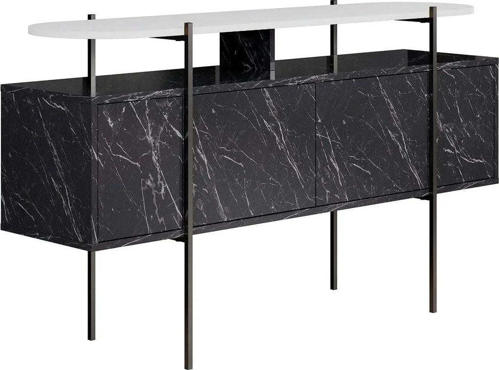 Comoda HANLEY, alb/negru cu efect de marmura, PAL melaminat/metal, 150