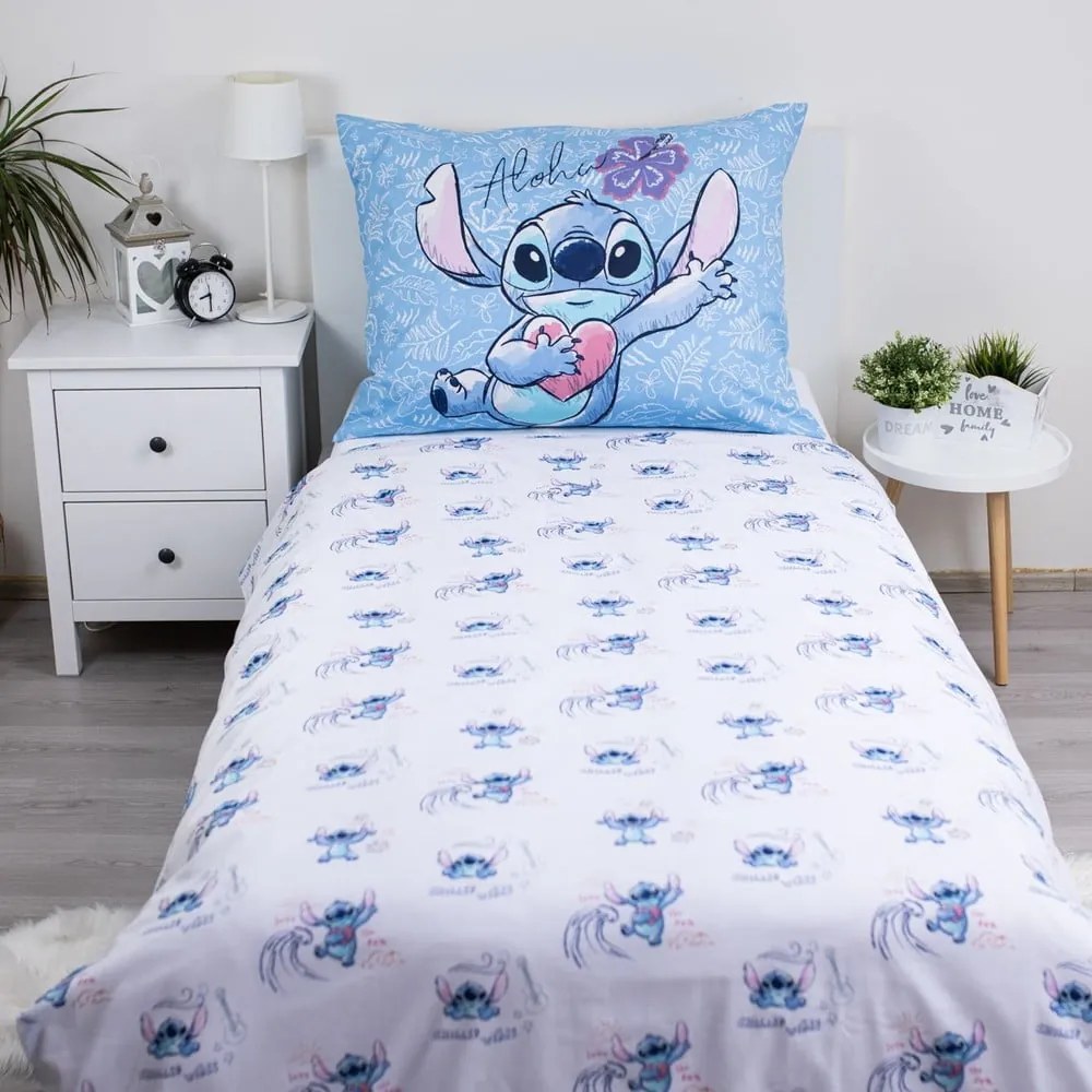 Lenjerie de pat pentru copii albastră din bumbac pentru pat de o persoană 140x200 cm Lilo and Stitch "Wave" – Jerry Fabrics