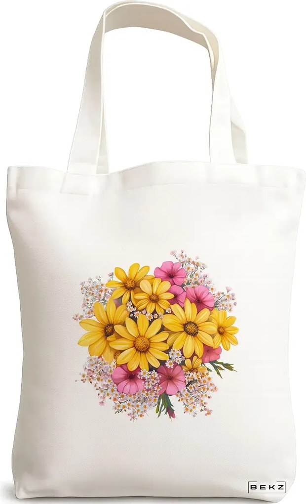 Sacosa de Panza pentru Cumparaturi, Geanta Tote, model Flowers 18 38 x 34.5 cm, Alba, BEKZ®