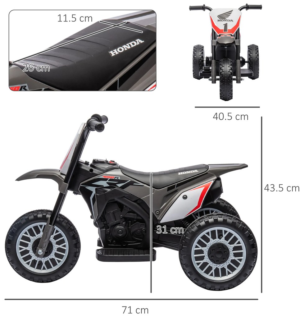HOMCOM Motocicletă cross electrică pentru copii licență Honda CRF450RL 3 roți baterie 6V copii 18-36 luni gri | Aosom Romania