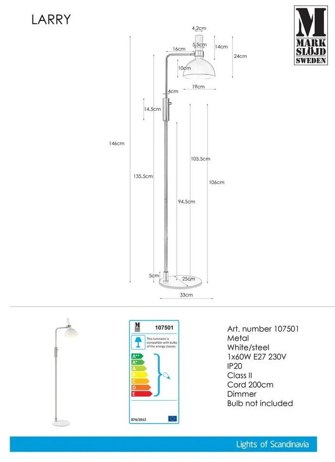 Lampadar Markslöjd Larry, alb