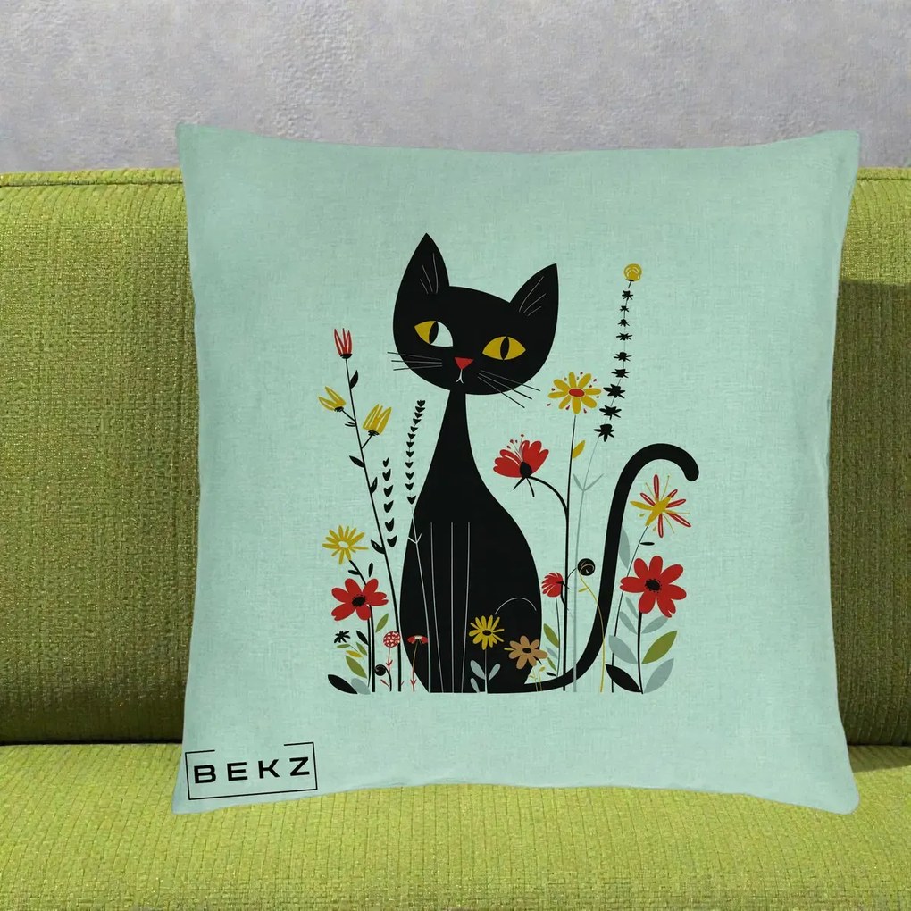 Perna Decorativa Pisica Neagra Ochi Galbeni Flori, 40x40 cm, Verde Menta, Husa Detasabila, Perna Inclusa, BEKZ®