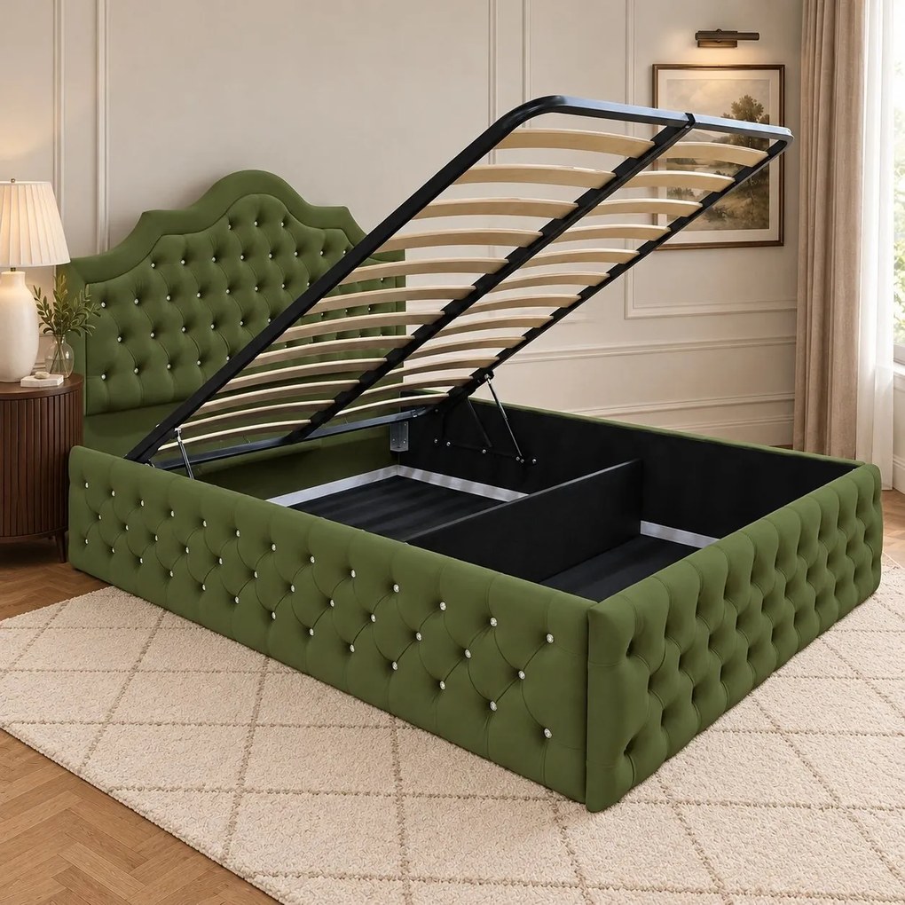 Pat tapițat Chesterfield din catifea Imperio Deluxe 160×200 cm, kaki, cu ladă de depozitare
