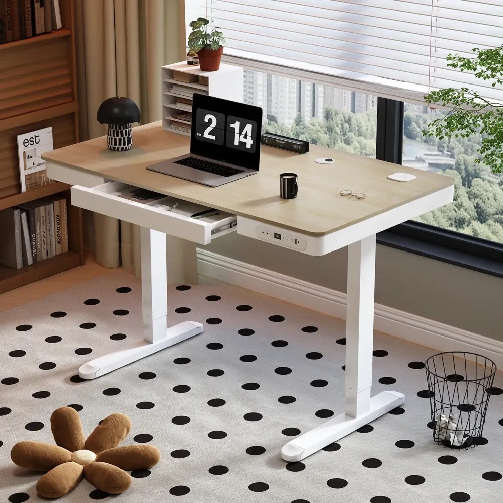 Birou Electric Reglabil pe Înălțime cu Sertar Ascuns, Încărcare Wireless & USB, Senzor de siguranță, 120x60, Stejar deschis/Alb