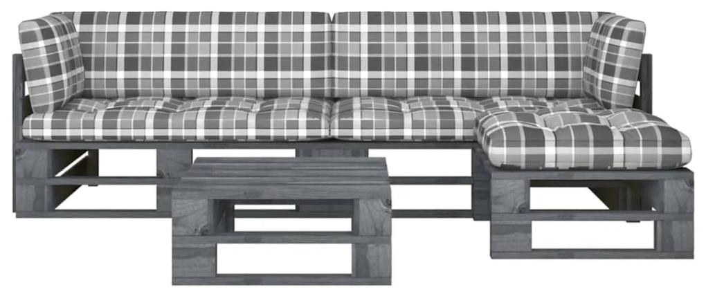 Set mobilier paleti cu perne, 4 piese, lemn de pin gri tratat model gri carouri, 2x colt + suport pentru picioare + masa, Gri, 1